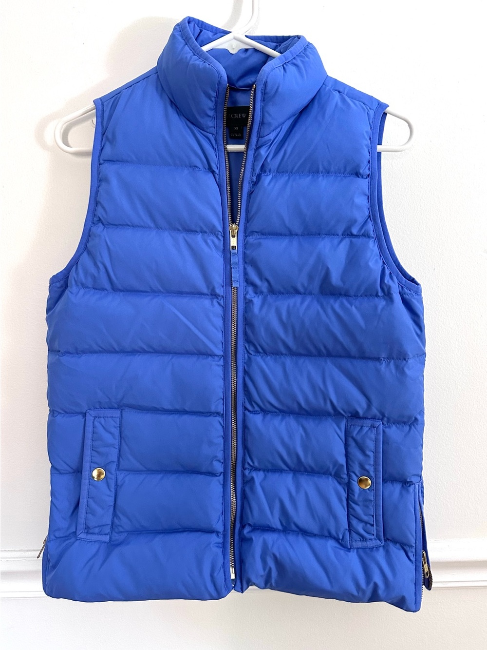 J Crew Womens XS blue Puffer Vest Excursion Quilted Gold Hardware Side Zip
